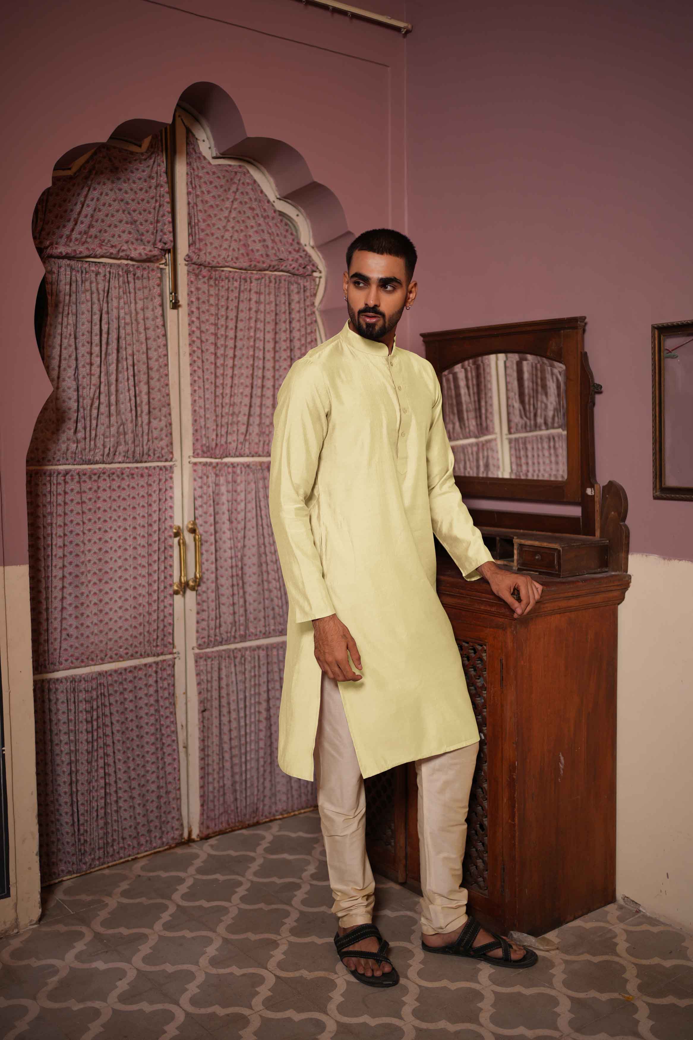 Light Yellow Viscose Solid Kurta
